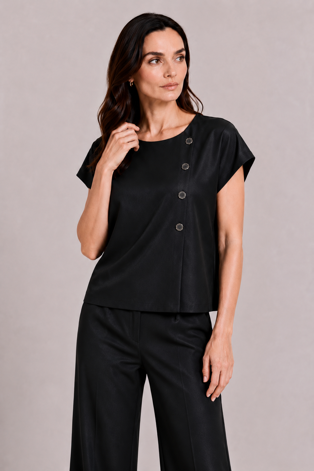 Black Tencel Women's Set with Blouse and Wide Pants 26131 - 128 black / 2026 Black Tencel Women's Set with Blouse and Wide Pants 26131 - 128 black / 2026
