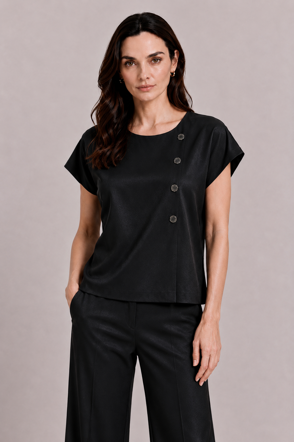 Black Tencel Women's Set with Blouse and Wide Pants 26131 - 128 black / 2026 Black Tencel Women's Set with Blouse and Wide Pants 26131 - 128 black / 2026