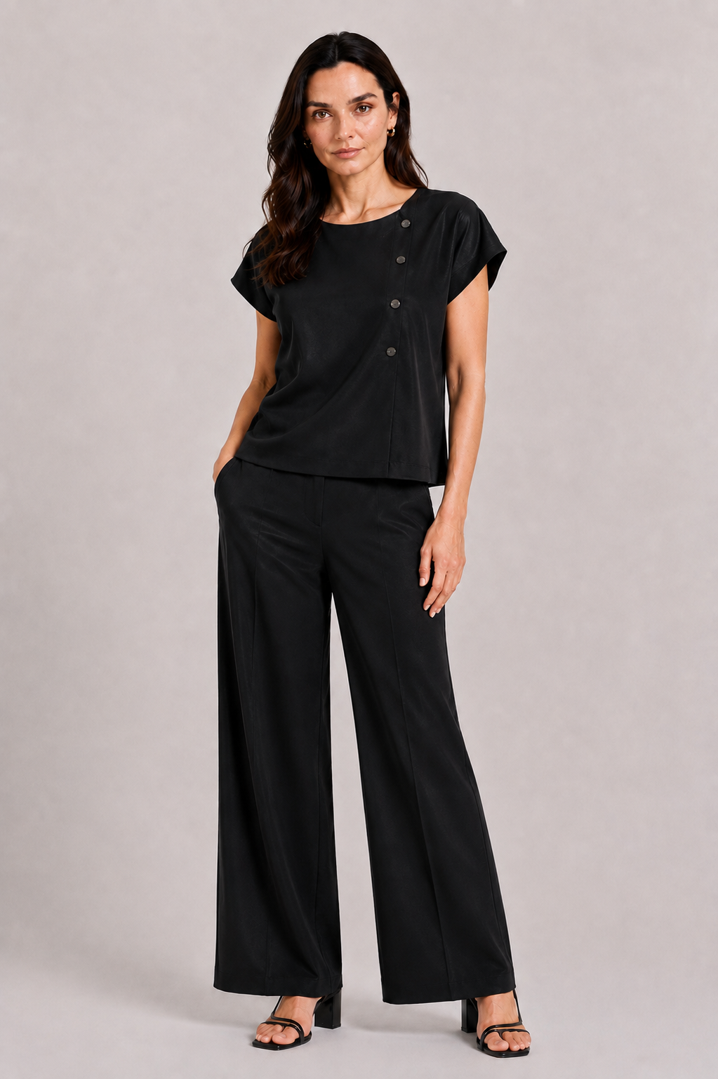 Black Tencel Women's Set with Blouse and Wide Pants 26131 - 128 black / 2026 Black Tencel Women's Set with Blouse and Wide Pants 26131 - 128 black / 2026