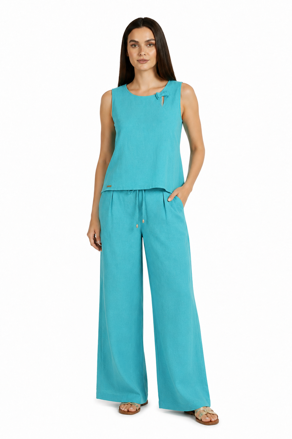 Women's Linen Set in Turquoise – Tank Top and Pants 26125 - 123 / 2026 Women's Linen Set in Turquoise – Tank Top and Pants 26125 - 123 / 2026